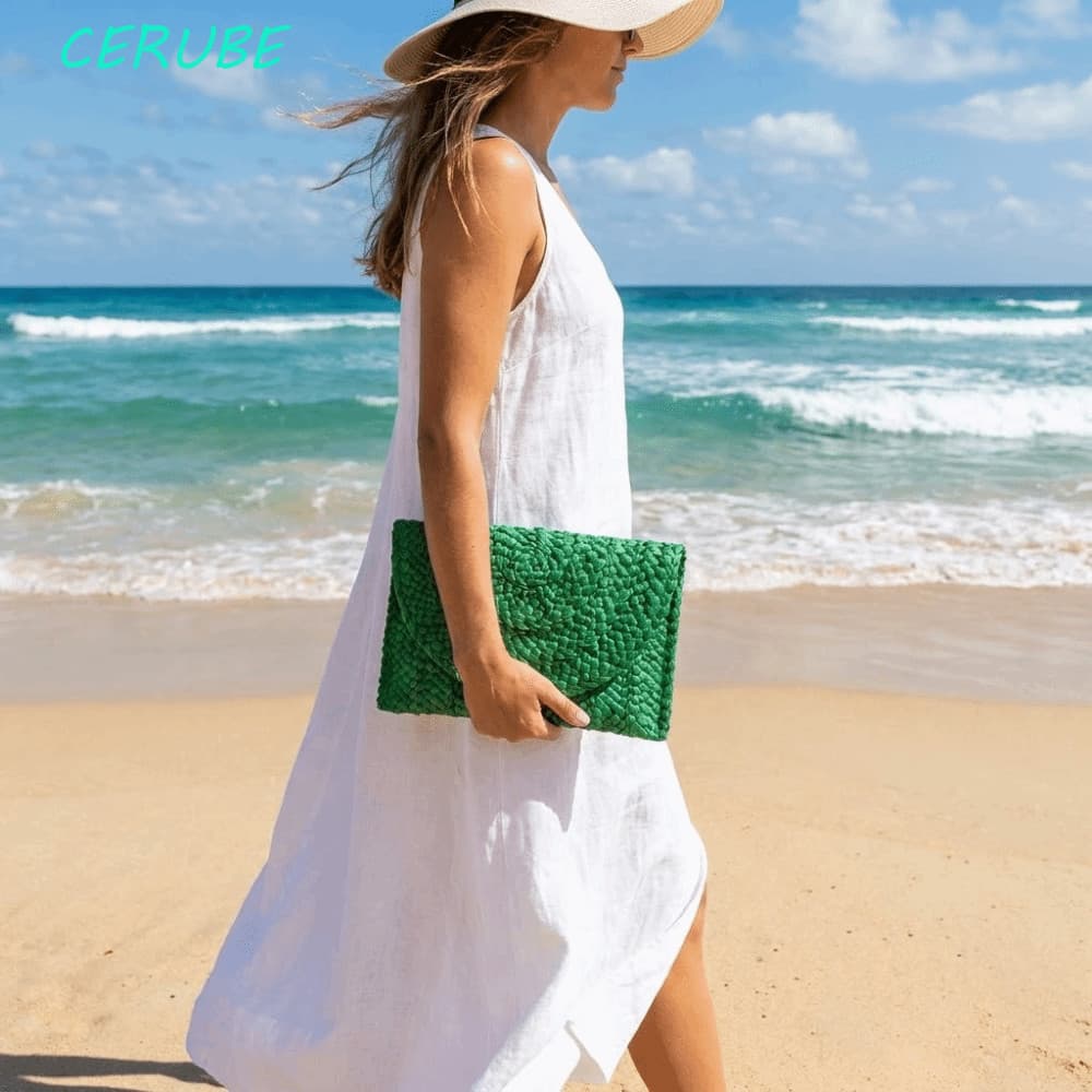 Bolsa Clutch CERUBE Weave , Boêmia De Casca De Milho Ecológica De Palha Grande Moderna De Cor Sólida