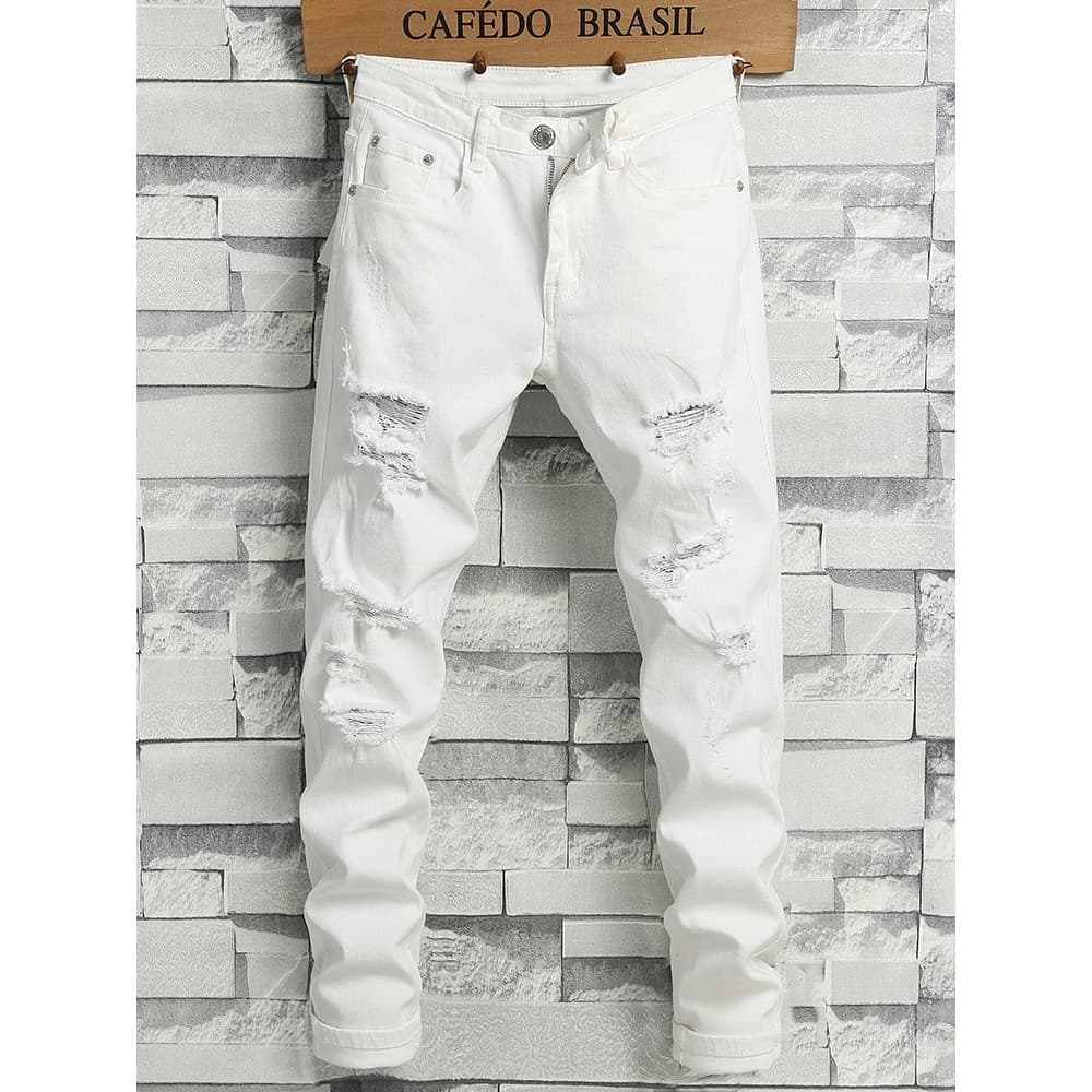 Branco rasgado Jeans masculino verão estilo fino 2026 novo estilo fino-ajuste pés pequenos 9 branco tornozelo compriment