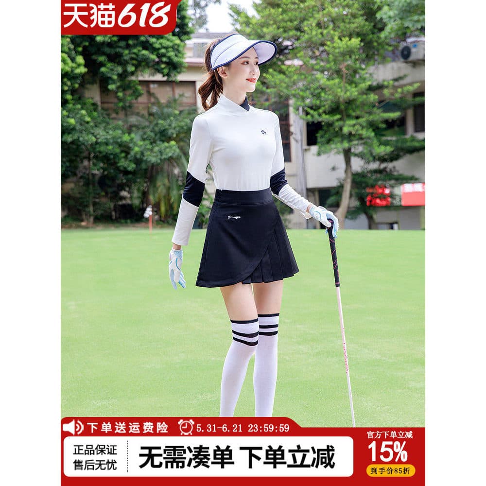 Roupas de golfe senhoras versão coreana manga comprida camiseta polo único contraste cor esportes roupas femininas terno