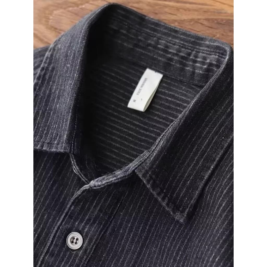 Estilo americano bonito listrado camisa masculina japonês Retro pesado solto resistente ao desgaste macacão de manga com