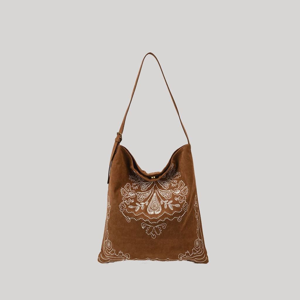 Bolsa Tote de couro fosco bordada estilo boêmio 2025 novo estilo grande capacidade bolsa de ombro retrô bolsa balde