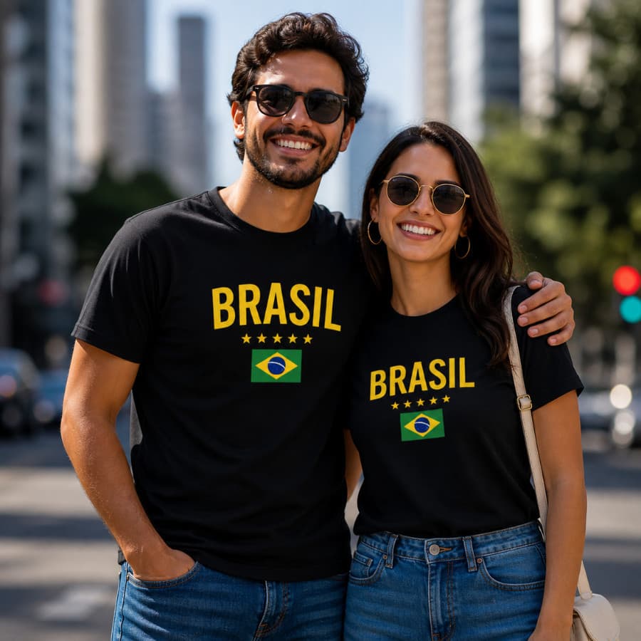Kit Casal Copa 2 Camiseta Unissex Brasil Estampada Estilosa Camisa Premium 100% Algodão Namorados Futebol Par