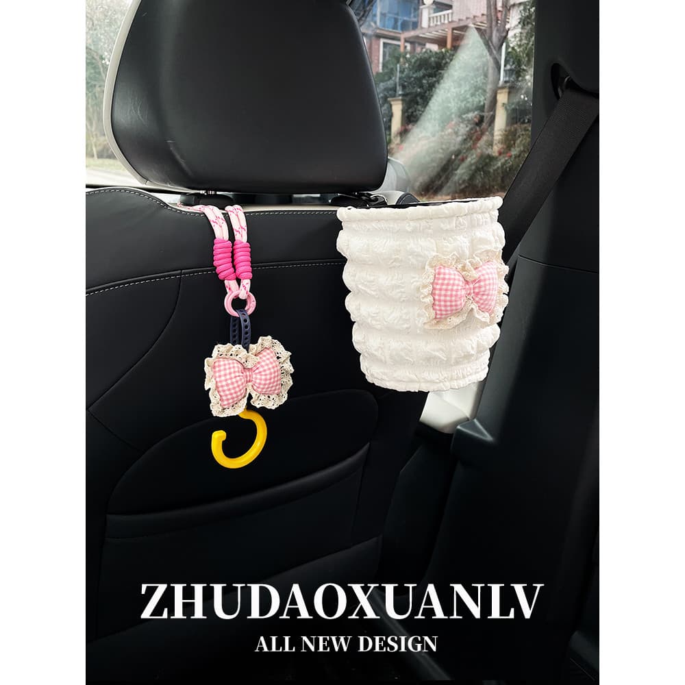 Lixeira de carro com laço fofo pendurado lata de lixo de carro criativa conjunto de gancho de carro caixa de armazenamen