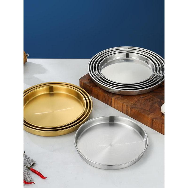 Bandeja grande de disco de aço inoxidável estilo coreano, fundo plano, placa rasa, prato profundo, prato de cozimento, p