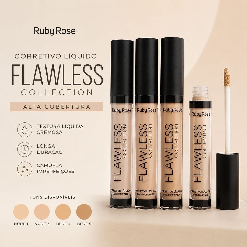 Corretivo Líquido Ruby Rose Flawless Collection Alta Cobertura Longa Duração Nude e Bege
