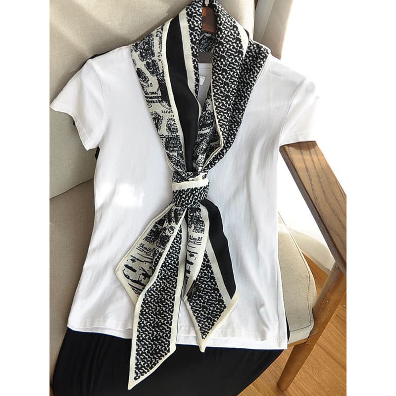 Lenço de seda elegante tira longa pequeno cachecol feminino primavera outono estilo 2025 novo estilo High-End preto cinz