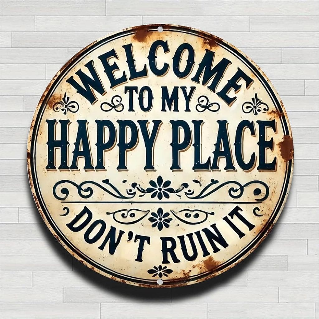 Placa de Parede Redonda de Alumínio Rústico Vintage com a Frase 'RustedwelcomeSignHappyPlaceDontRuinIt'- 8 polegadas, pa