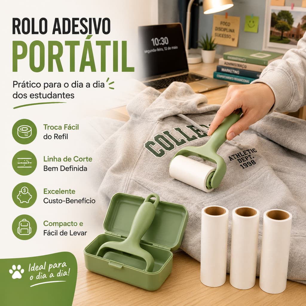 Rolo Tira Pelos Adesivo Portátil com 3 Refis e Folhas Destacáveis para Roupas Sofá Tecidos Fiapos e Pelos de Pets