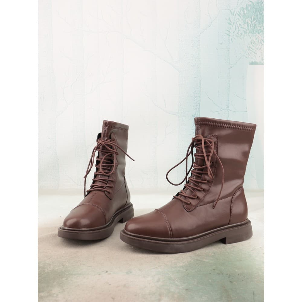 Cor sólida dedo do pé redondo salto baixo rendas sapatos femininos confortáveis botas femininas tubo curto forro de lã b