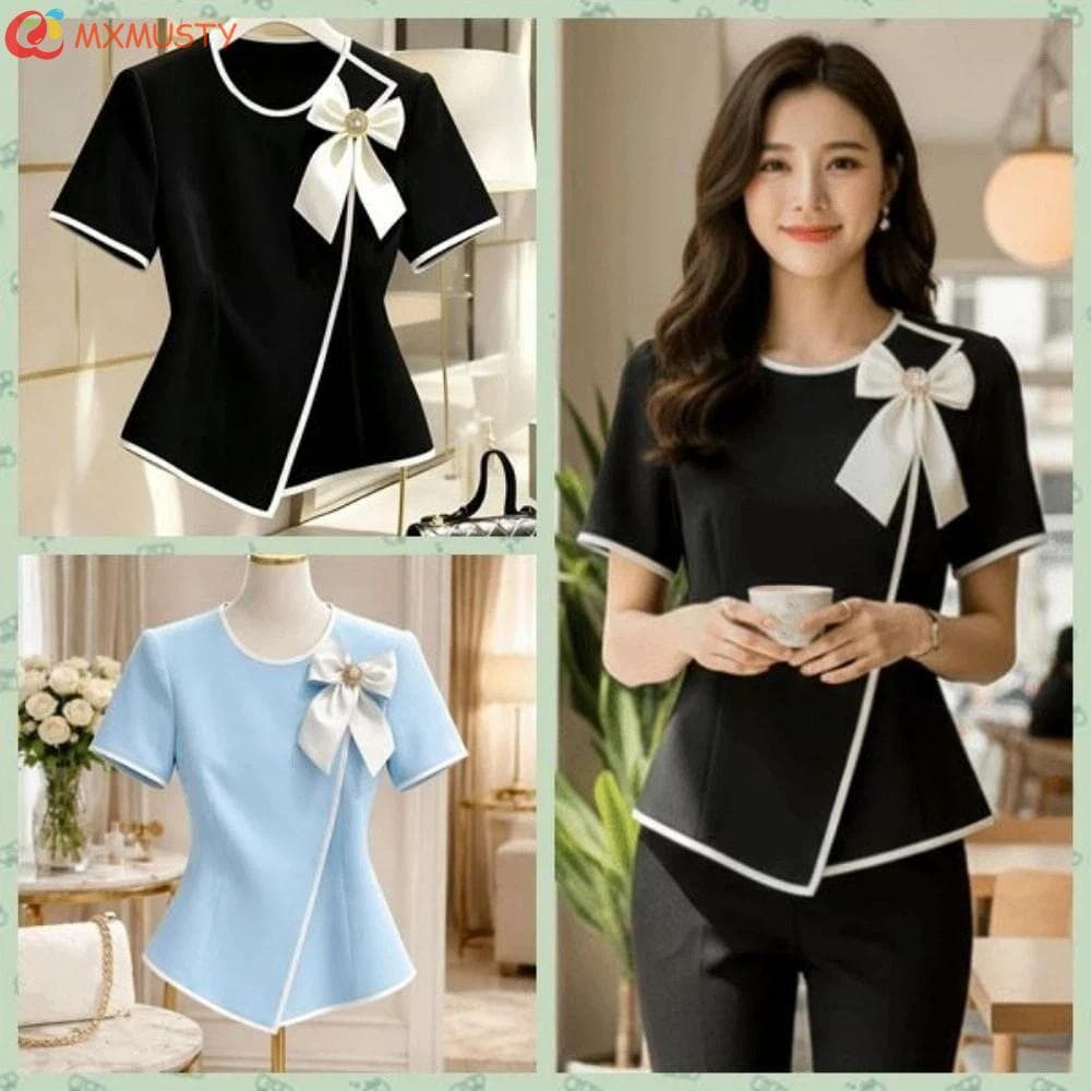 MXMUSTYZA Camiseta Com Laço , Elegante Bainha Assimétrica Manga Curta Feminina , Blusa De Escritório Gola Redonda E Cort