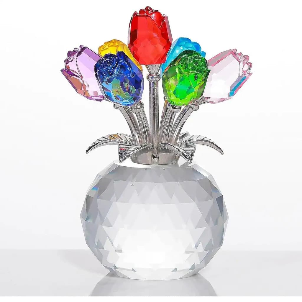 Figurinha de Cristal em Forma de Rosa Colorida com Vaso, Ornamento Artesanal de Cristal K9 para Esposa, Namorada, Mulher
