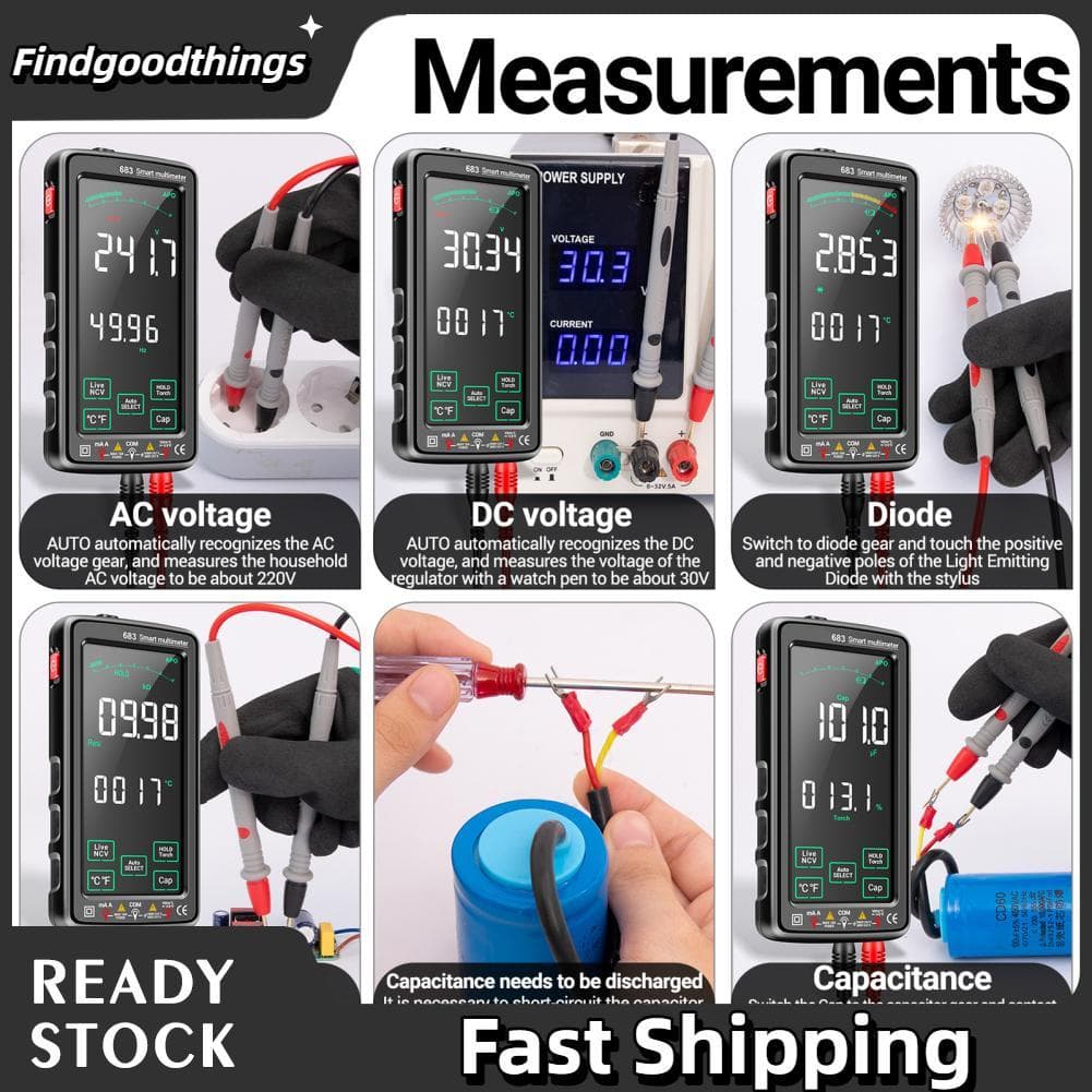 Findgoodthings-br ANENG 683 Multímetro digital com tela grande de toque de 6000 contagens Medidor universal