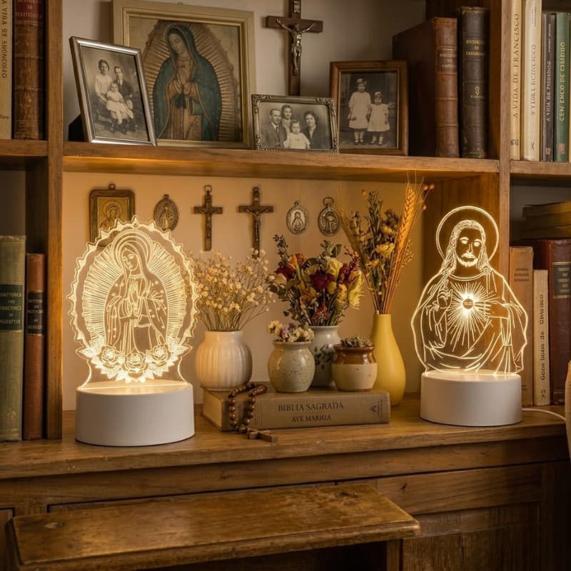 Luminária LED Luz Noturna 3D Abajur Religioso Jesus Ou Maria USB  Decorativa Quarto Cristão LED