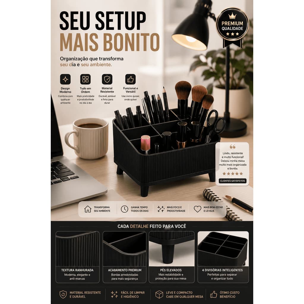 Organizador Mesa Porta Maquiagem Multiuso Divisórias Preto Branco Moderno Luxo Escritório Office
