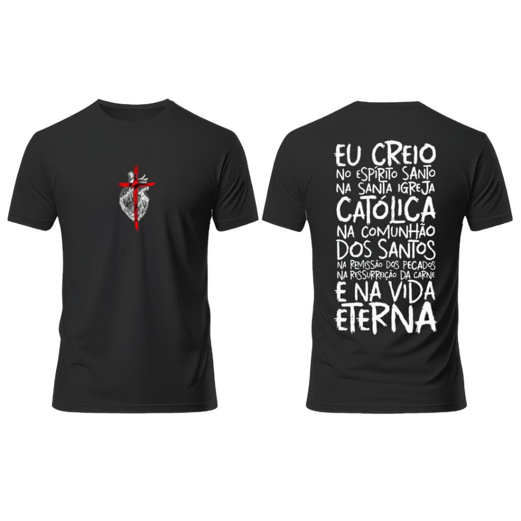 camisa Camiseta camisa catolica estampada oração credo estampado costas