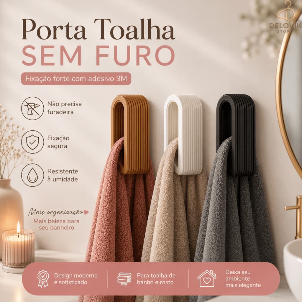 Kit Suporte Porta Toalha Premium | Gancho Adesivo 3M Sem Furo | Toalha de Banho e Rosto