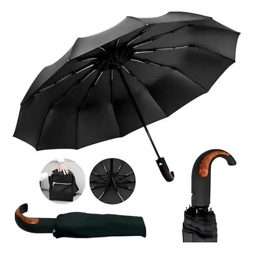 Guarda Chuva Grande Automático Contra Vento Cabe Na Bolsa Cor Preto Desenho Do Tecido Liso Hastes Duplas Liso