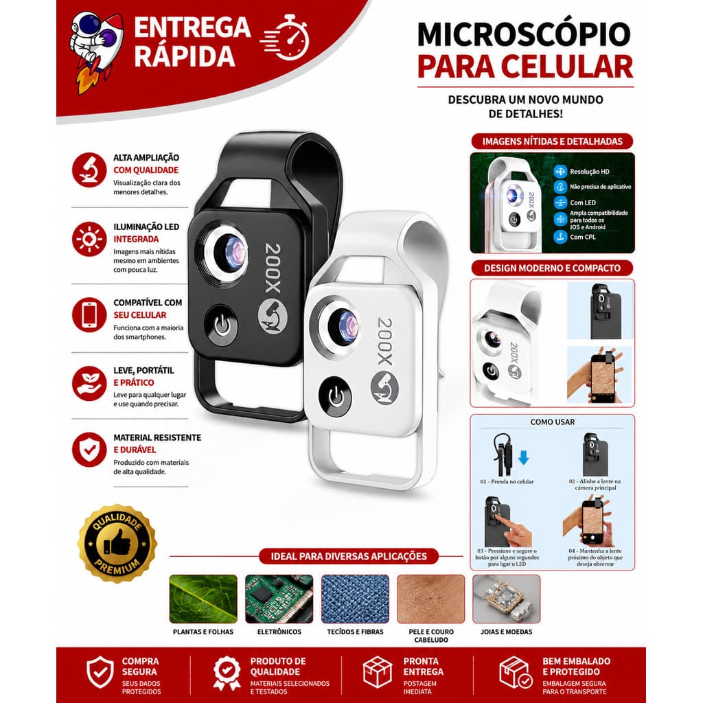 Mini Microscópio 200x Apexel Cpl Bolso Lupa Celular Tablet