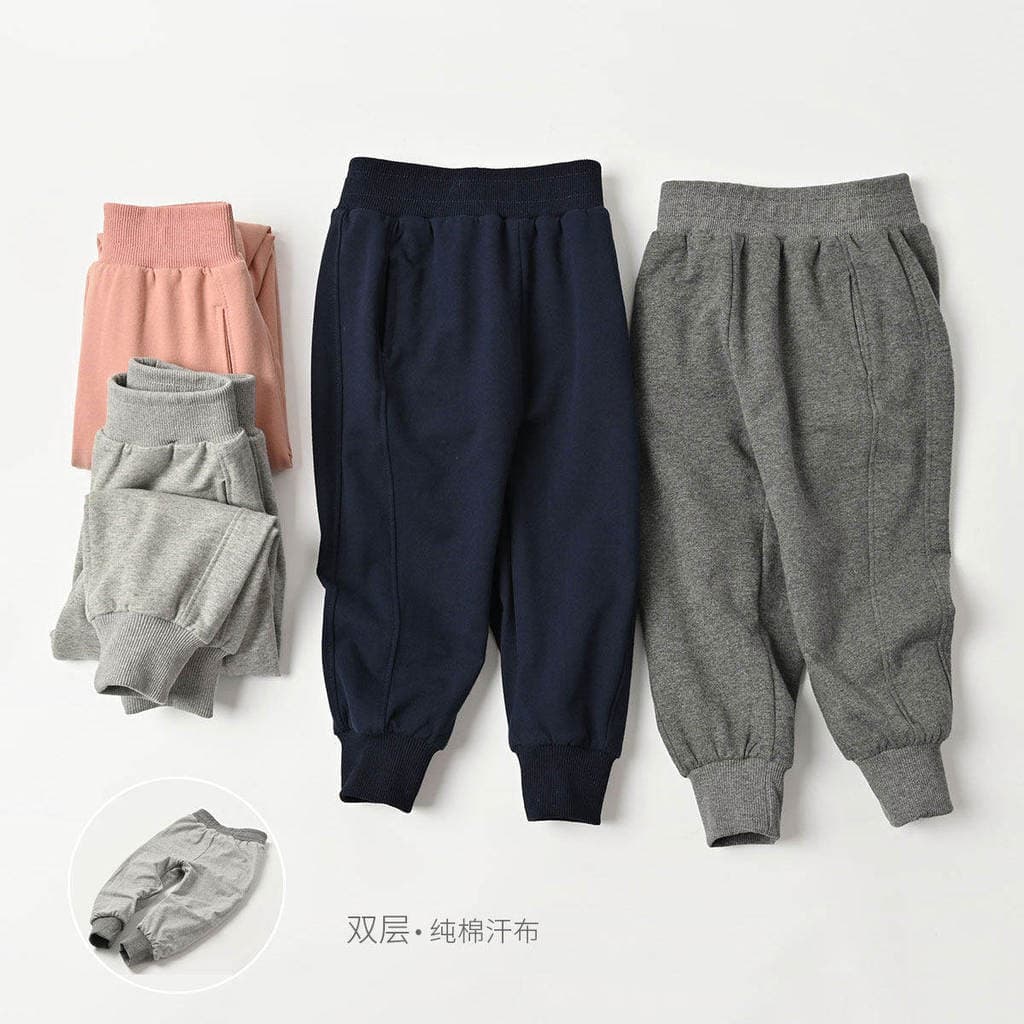 Calça de moletom infantil especial de malha, algodão puro, camada dupla, meninos, meninas, calças com punho, médio e gra