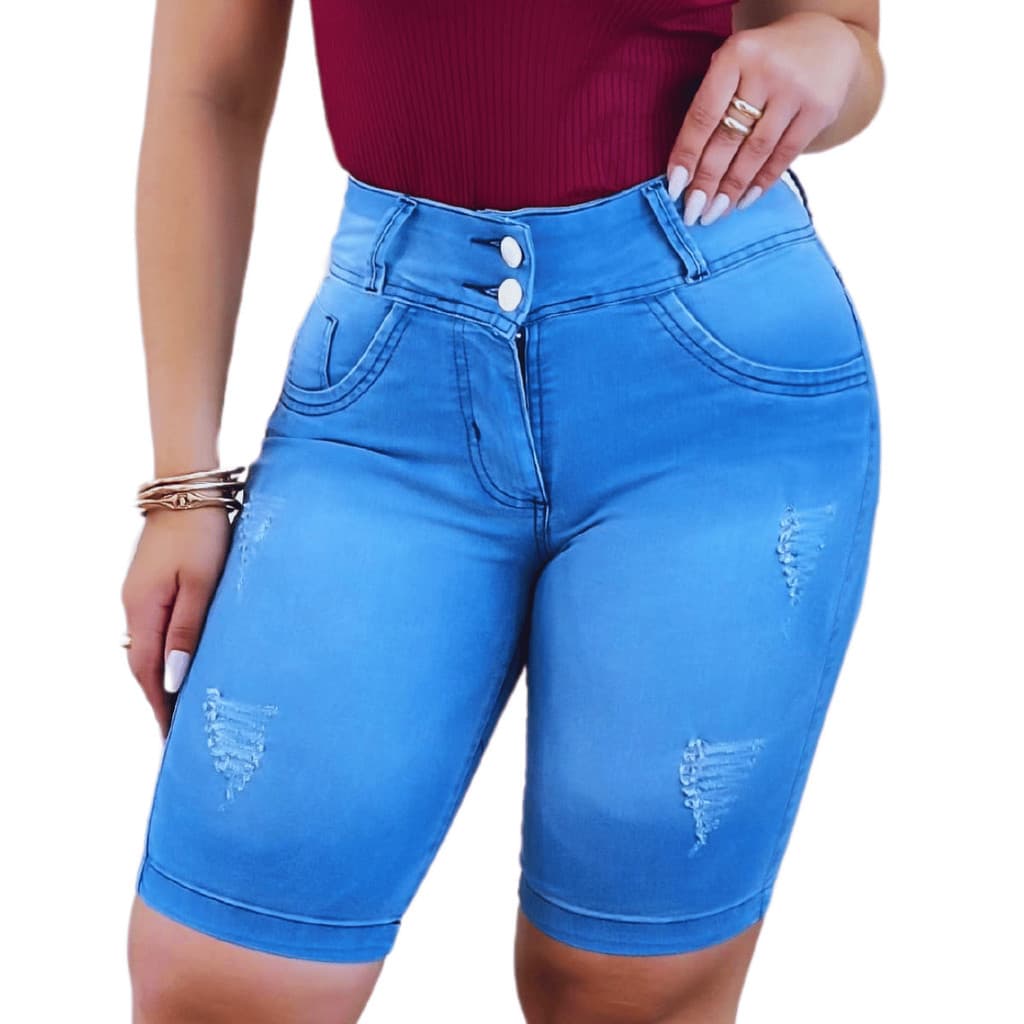 Short Pedal Jeans Feminino Lycra Cintura Alta Levanta Bumbum ModaZ