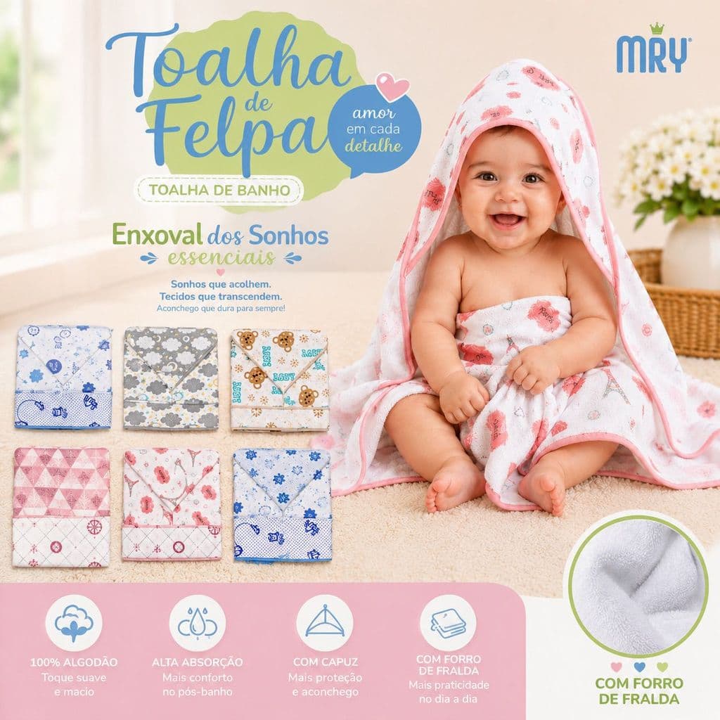 Toalha de Banho Bebê com Capuz e Forro de Fralda 70x70cm 100% Algodão