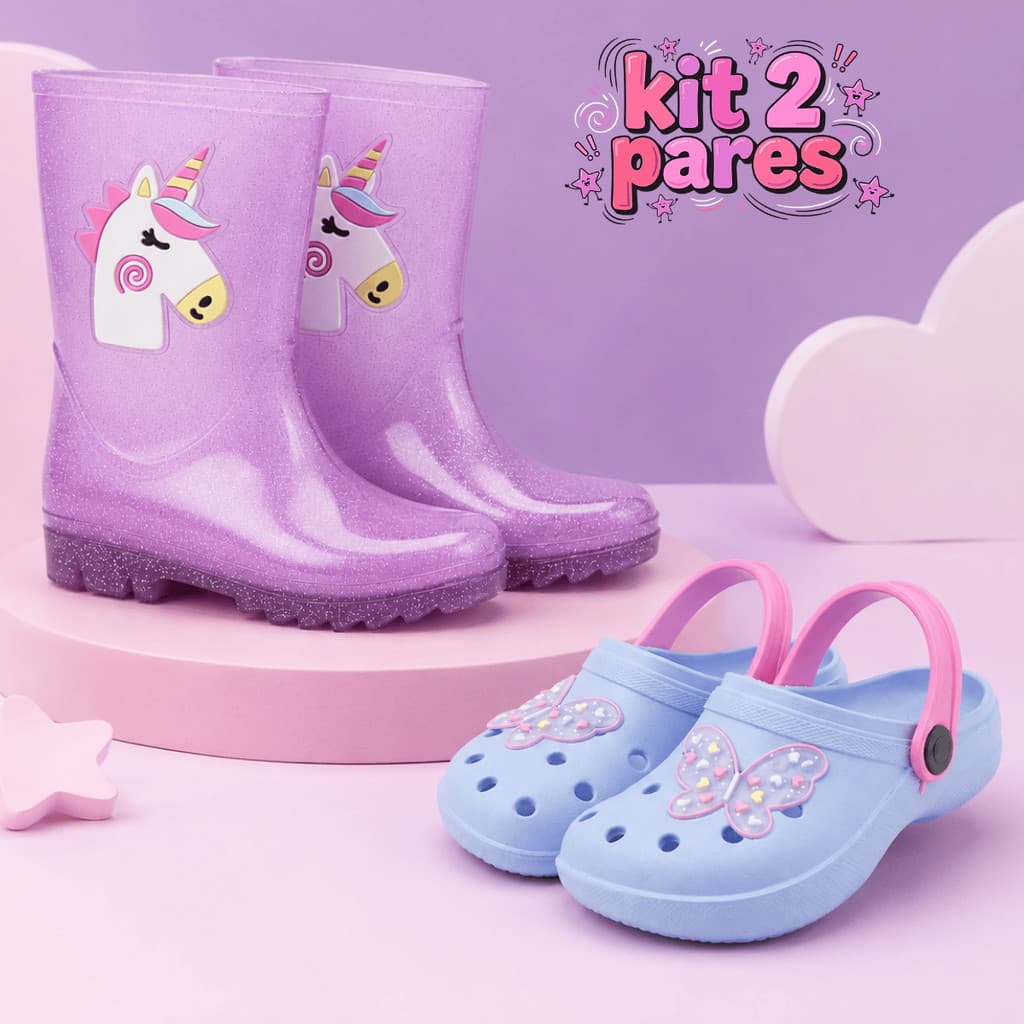 Kit 2 Galocha Cano Alto Feminina Glitter e Babuche Menina Confortável