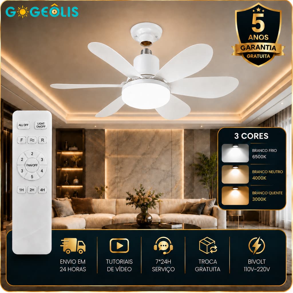 Luminária Ventilador de Teto LED Tricolor 40W 6 Velocidades Controle Remoto para Sala Quarto