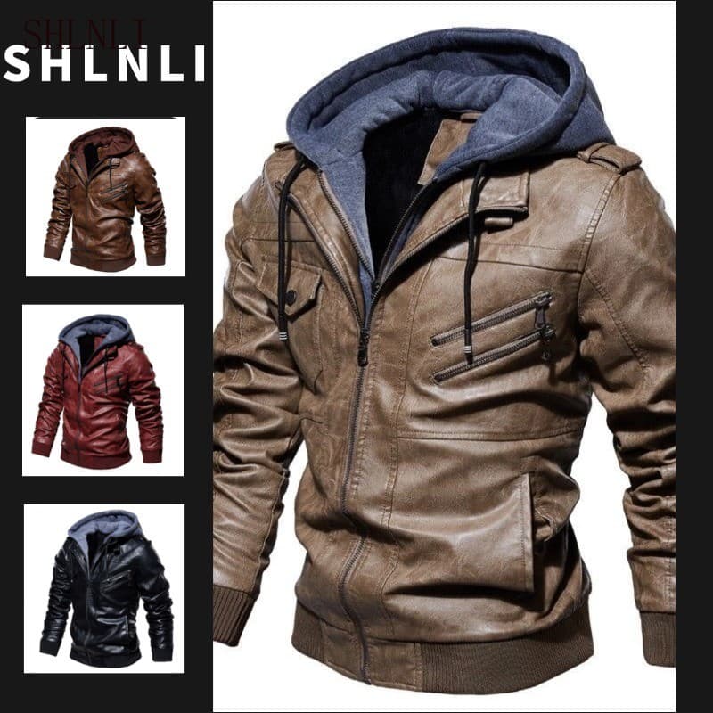 Jaqueta Masculina De Couro Sintético Com Capuz Preto Casual Estilo Motociclista Casaco De Inverno
