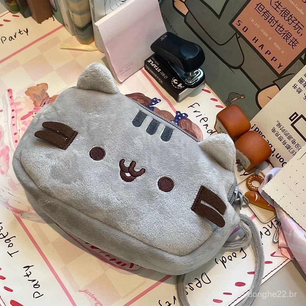 Estojo de lápis em formato de gato de pelúcia, estojo escolar, bolsa de armazenamento de grande capacidade