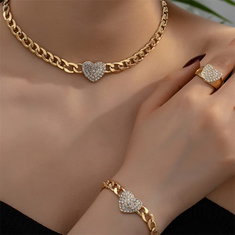 Moda Simples Zircão Coração Colar Pulseira Anel Conjunto Feminino Festa Férias Feriado Presente Acessórios