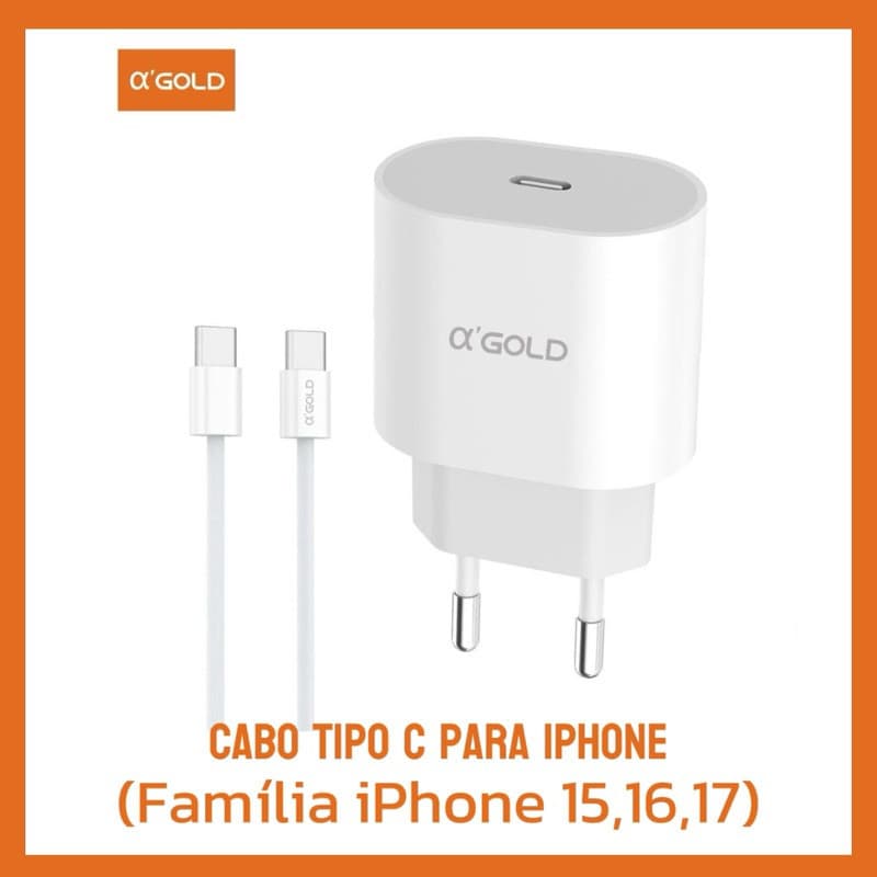 Carregador iPhone Turbo 30W A’Gold PRO Kit Fonte + Cabo Tipo C Lightning e Tipo C Tipo C Original