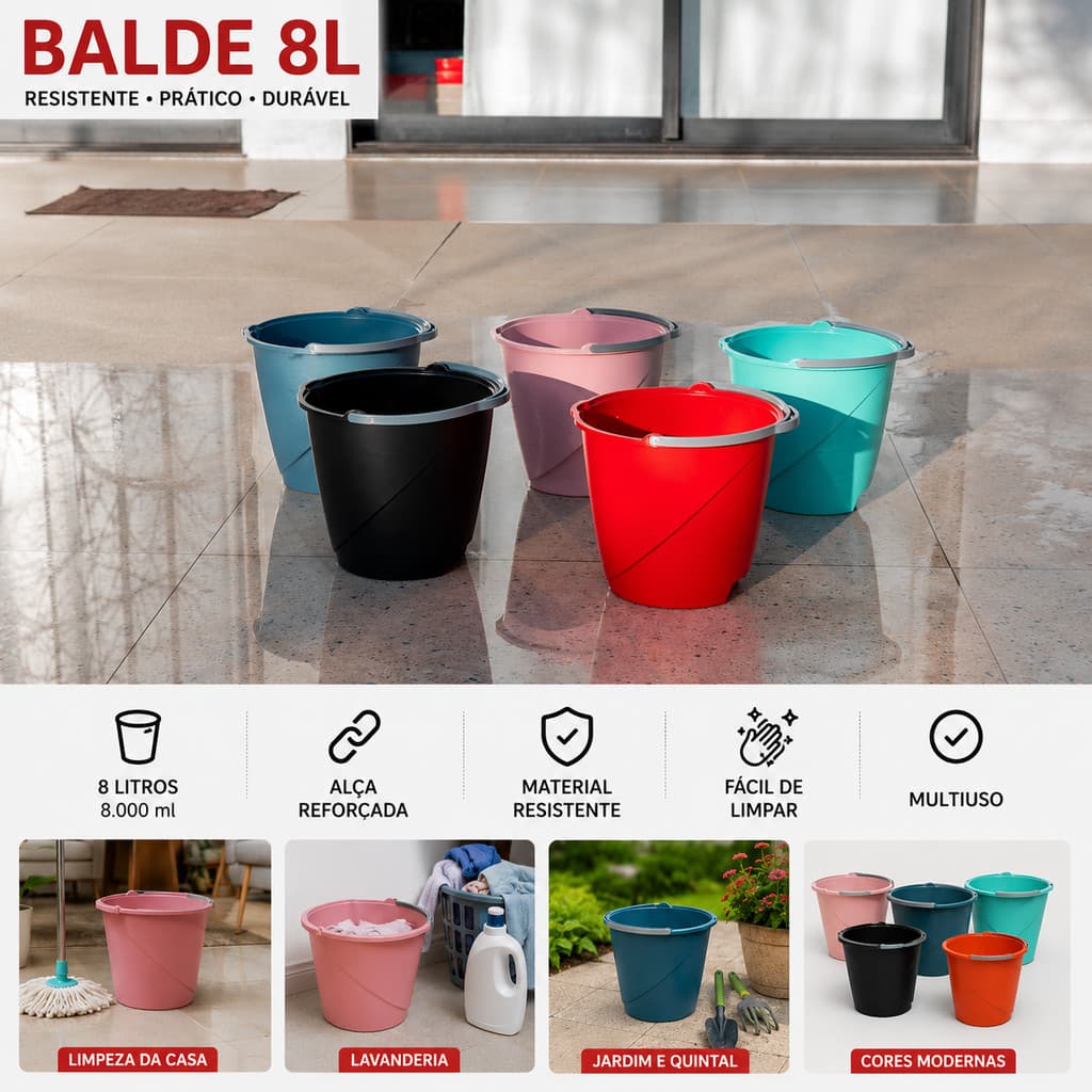 Balde 8 Litros Multiuso Com Alça Reforçada | Plástico Resistente Para Limpeza,Uso Domestico