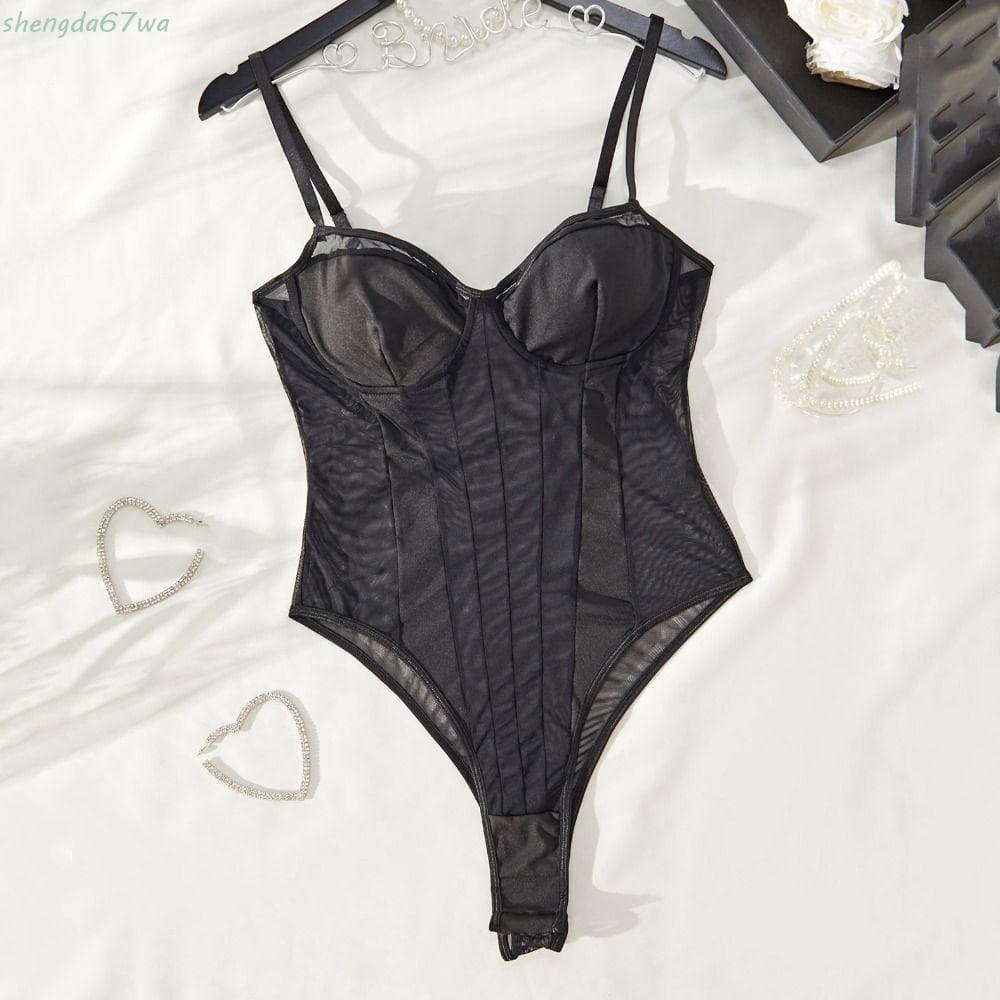 Macacões De Camisola SHENGDA , Macacão Transparente Com Decote Em V Profundo , Body De Malha Sem Mangas Feminino