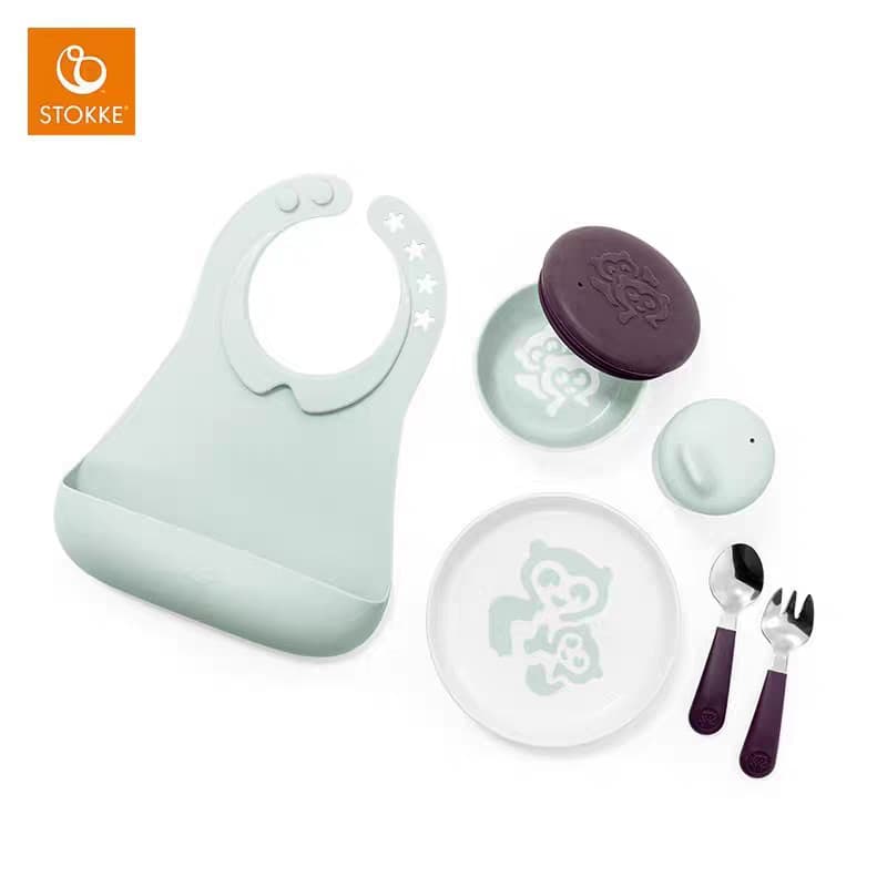 Conjunto de talheres de suplemento alimentar para bebês Stokke genuíno, estoque pronto, babador de Silicone