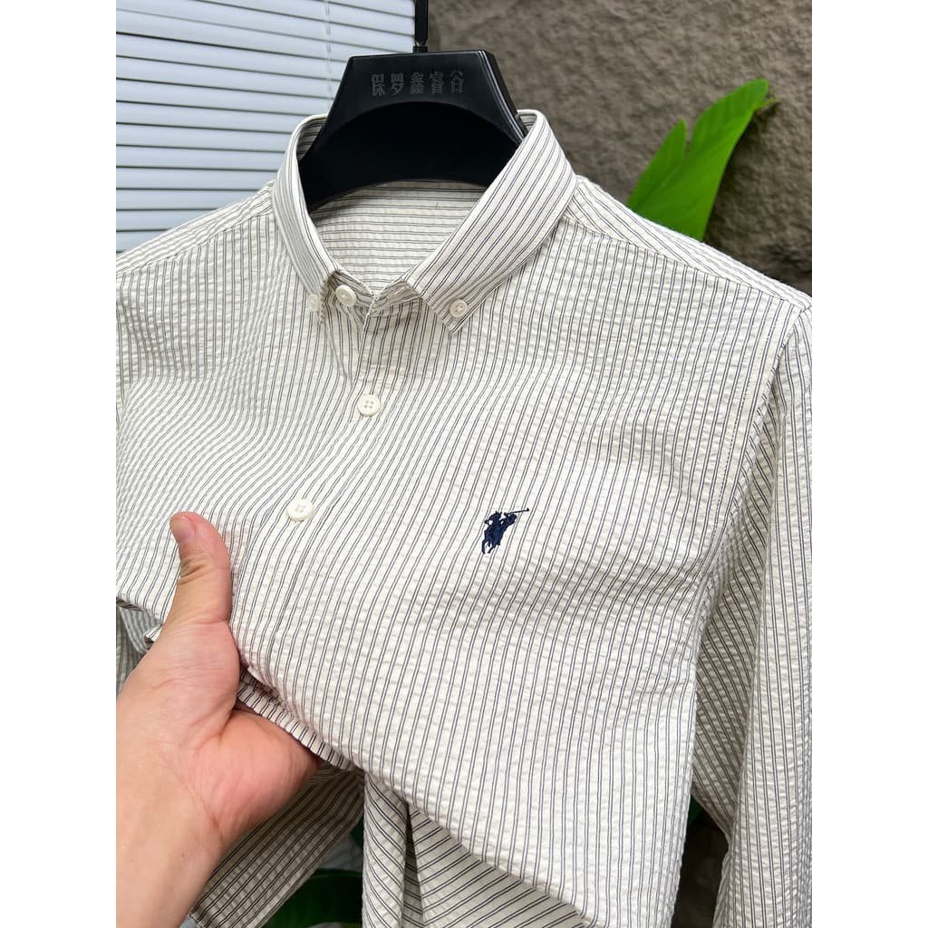Paul marca 100% algodão outono listras verticais camisa de manga comprida masculina bordado pônei negócios Casual topo n