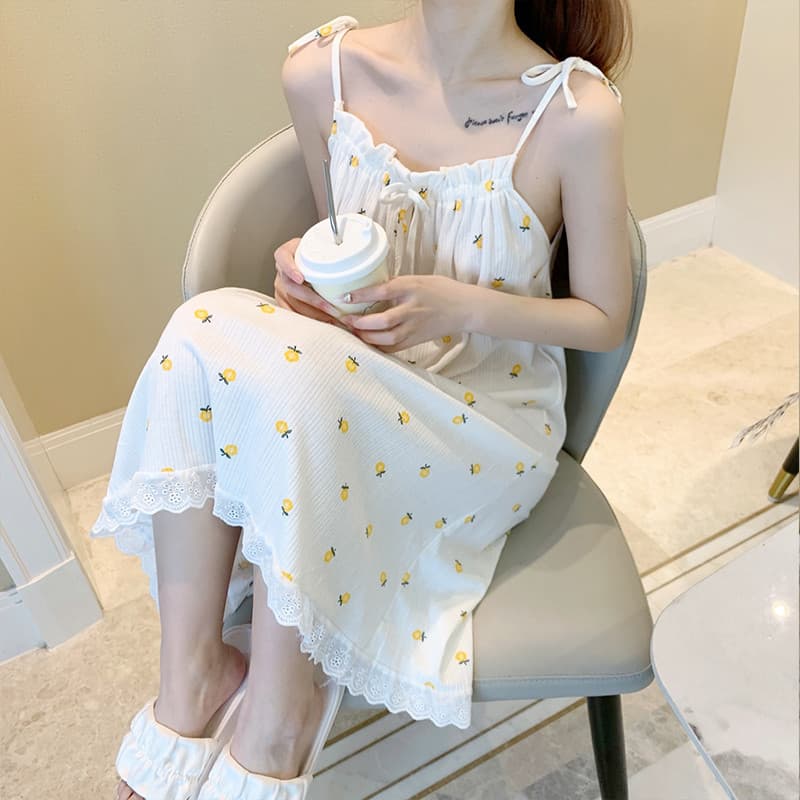 Sling Nightdress feminino estilo verão puro algodão 2022 novo estilo puro desejo estilo senhoras flor amarela Homewear p