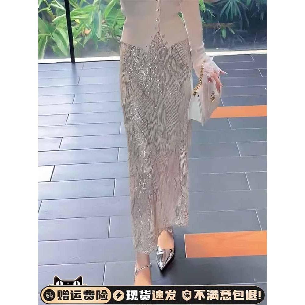 2024 primavera novo estilo moda nicho All-Match saia feminina indústria pesada lantejoulas Design cintura alta mais magr