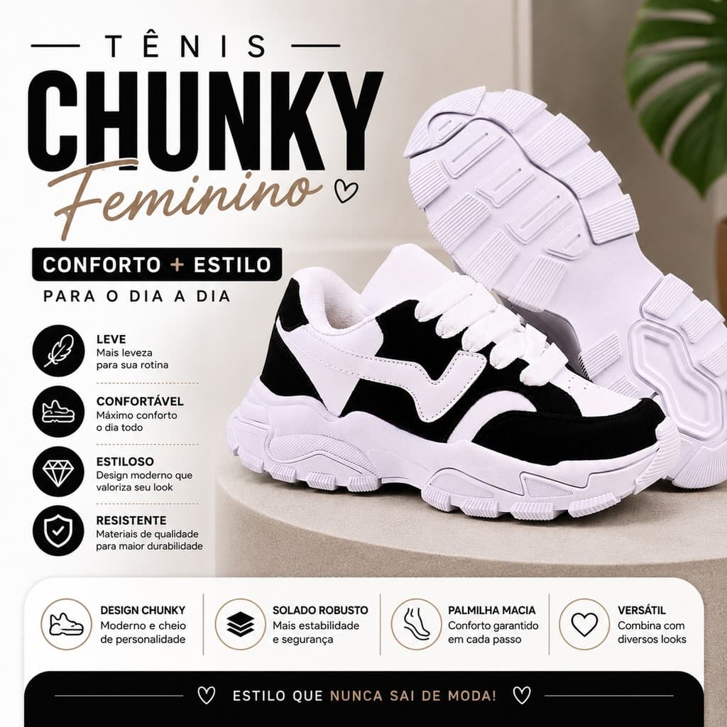 Tênis Chunky Feminino Casual Plataforma Preto e Branco Confortável 34 ao 39