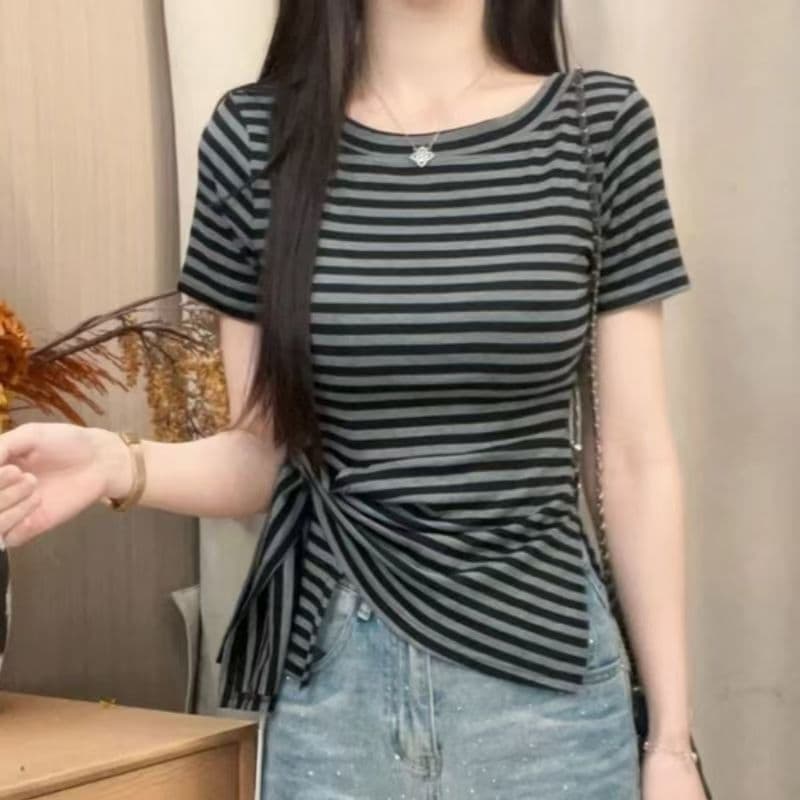 Tamanho grande gordura mm listras irregulares fora do ombro camiseta feminina verão novo estilo temperamento cobrindo F