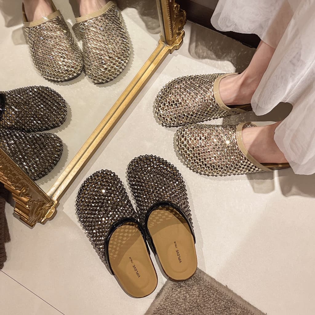 Diamantes diamantes malha cortiça sapatos exterior usar strass francês Baotou Boken Fishnet sandálias femininas
