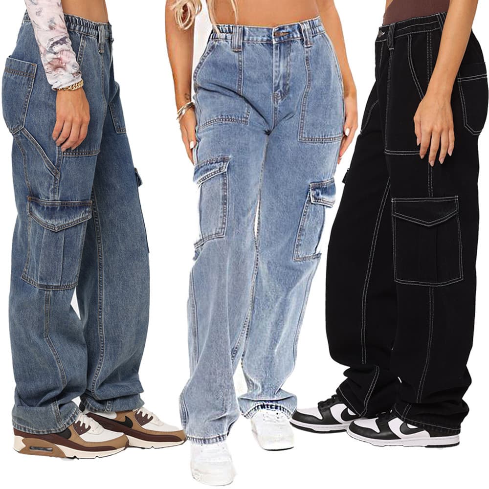 Calças femininas jeans pretos rasgados jeans Multi-bolso jeans feminino