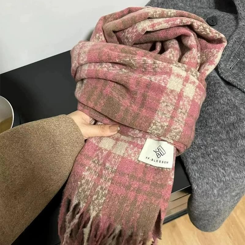 Lenço xadrez feminino outono inverno 2025 novo estilo seco rosa atmosfera High-End sentimento All-Match engrossado babad