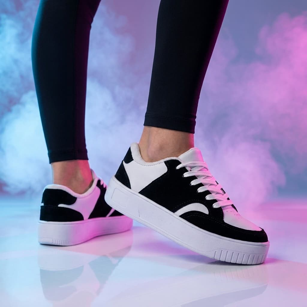 Tênis Feminino Confortável Plataforma Casual Dia a Dia Branco e Preto