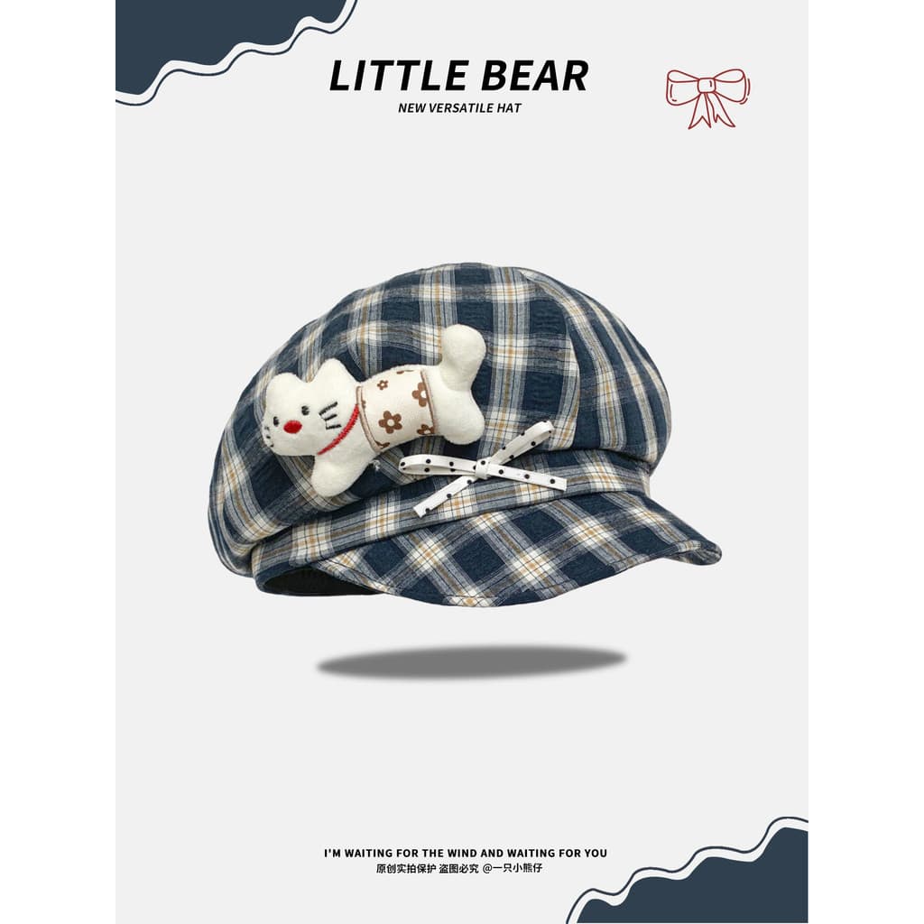 Casa gatinho Bowknot xadrez octogonal chapéu feminino outono novo estilo All-Match y2k bonito rosto-olhando pequena boin