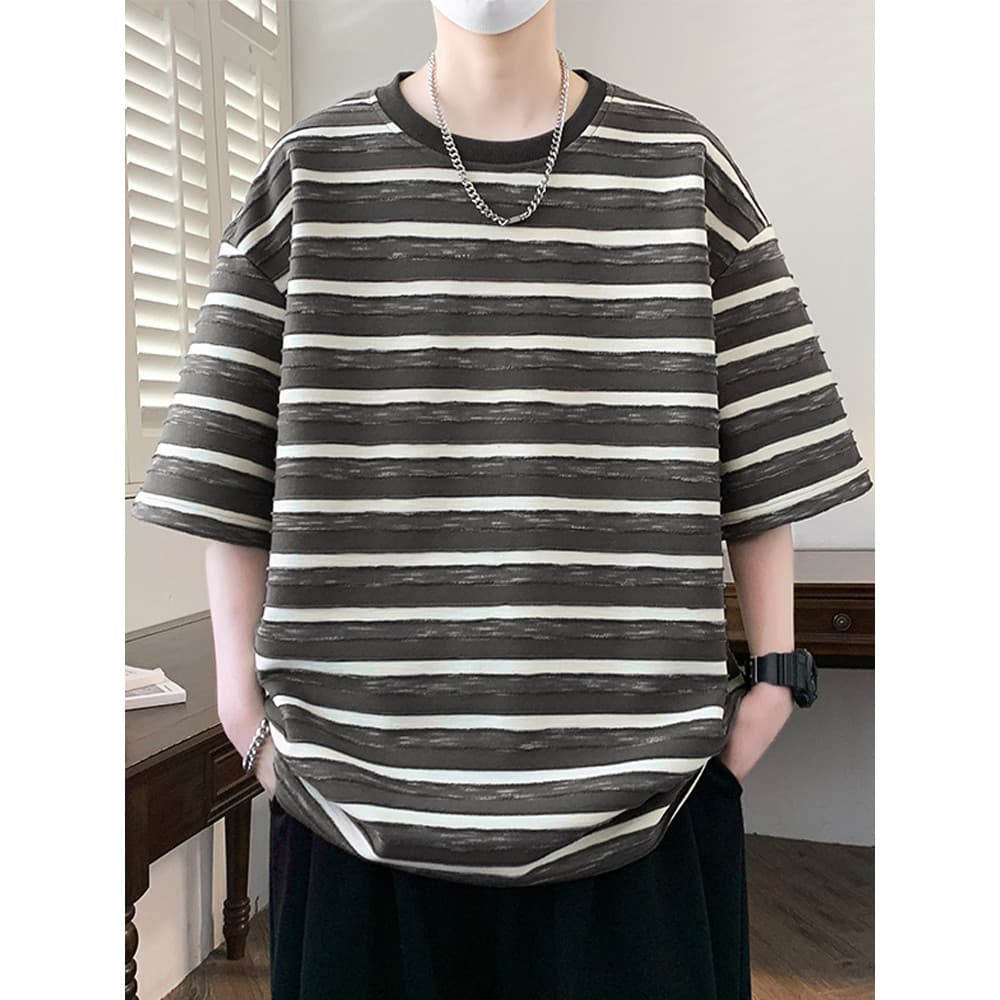 Camiseta listrada de alta qualidade masculina verão novo estilo Street Wear manga curta moda All-Match redondo Ne