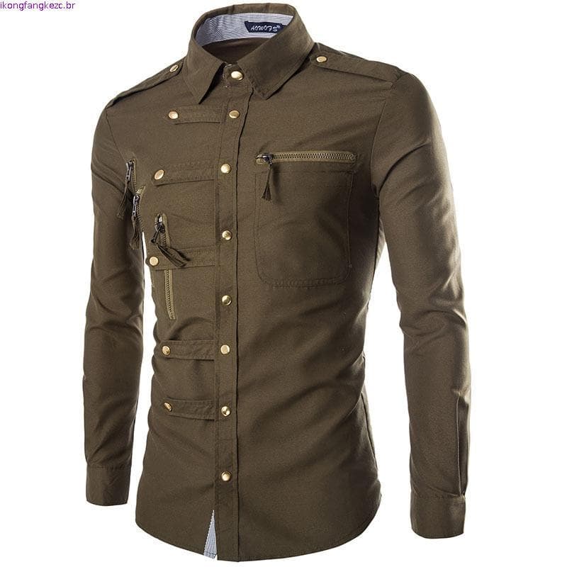 Csa de Manga Longa m Fit Estilo Europeu e Americano Csa Masculina Complexa com Múltiplos Botões