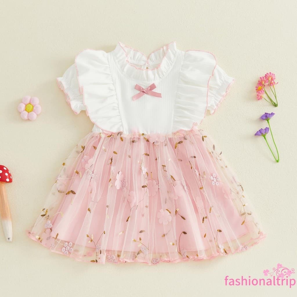 [FaSh] Vestido De Verão Para Bebês Meninas Malha Casual Flor Folha Estampa Babados Guarnição Manga Curta Vestidos Linha