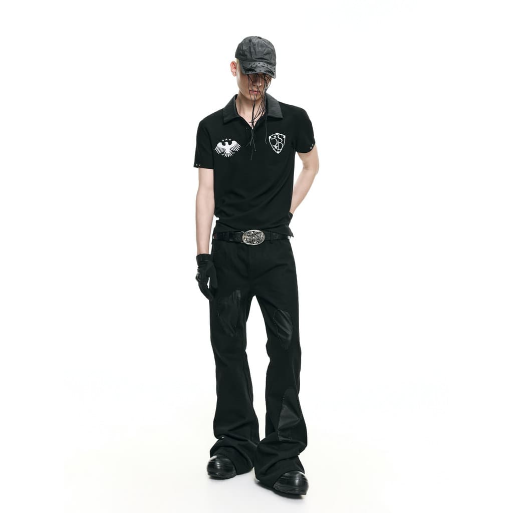 FRKM SCD 26 FS Camisa POLO com gola de couro Retro Bordado Costura Motocicleta Verão Lapela Camiseta de manga curta