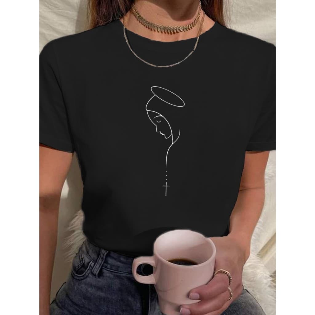 Camiseta Feminina  Nossa Senhora Minimalista Religião Católica 100% Algodão