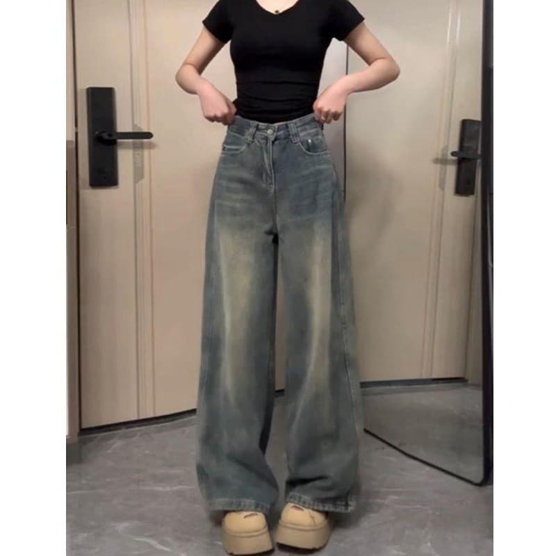 2026 verão americano Retro lavado angustiado Jeans de perna larga feminino cintura alta solto mais magro olhar All-Match